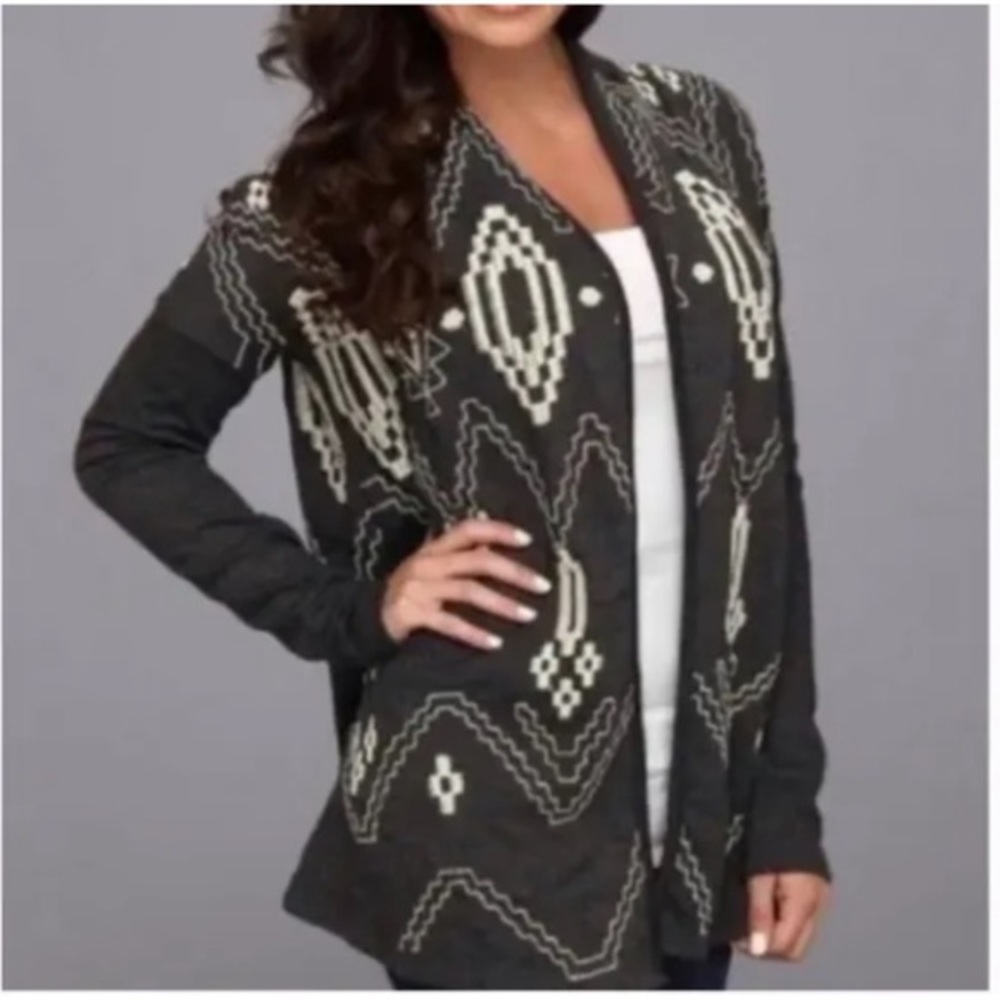 Lucky Lotus by Lucky Brand Gray White Aztec Embroidered Open Cardigan Sweater M